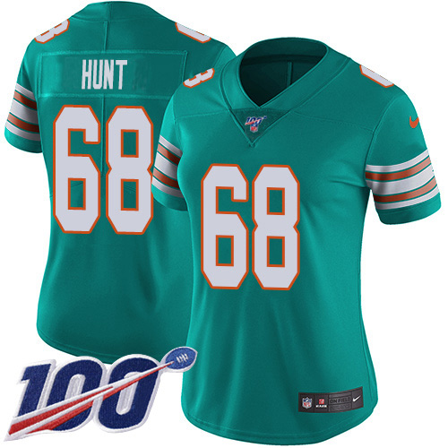 Nike Miami Dolphins #68 Robert Hunt Aqua Green Alternate Women Stitched NFL 100th Season Vapor Untouchable Limited Jersey